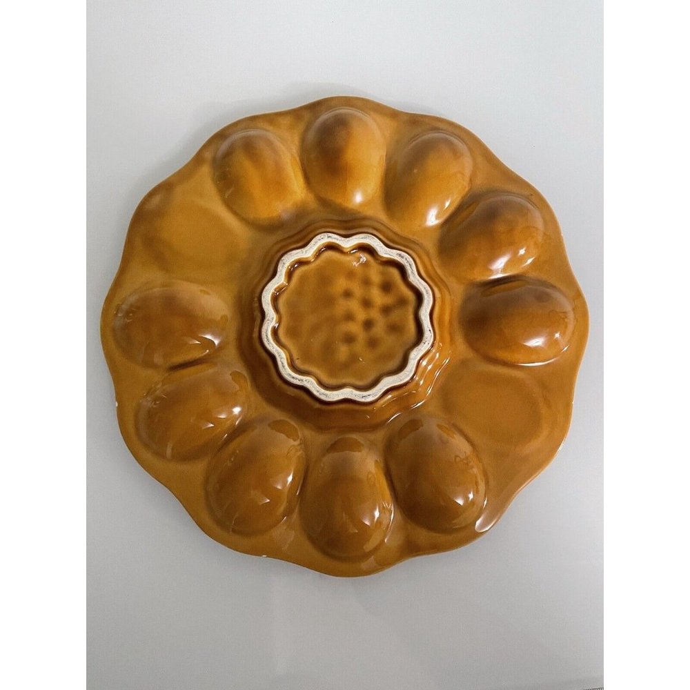 Brown Ceramic Egg Plate, Grape Leaf Center Tableware, Serving-ware, 9.5” - Picture 6 of 11